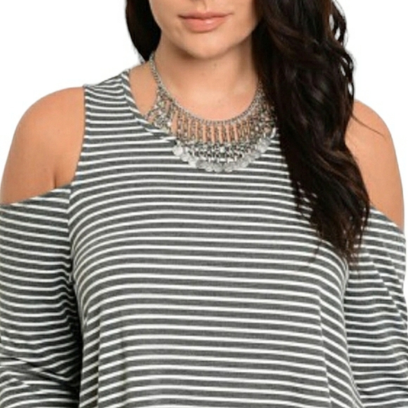 Cato Linen Blend Cold Shoulder Long Sleeves Black White Striped Top 22W-24W 2X - Picture 12 of 16